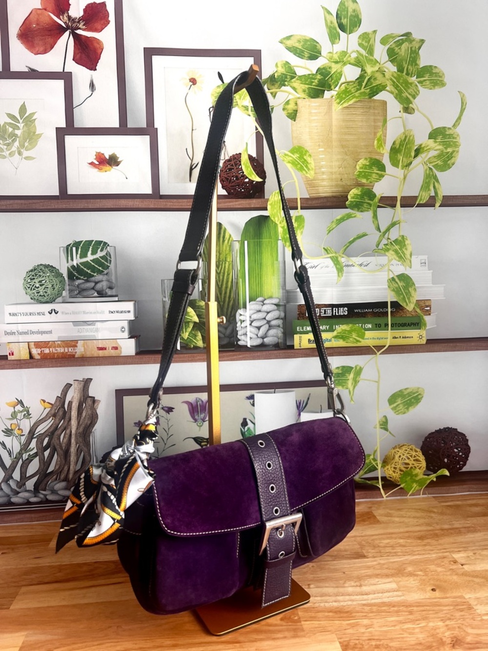 Vintage Purple Genuine Suede Leather Shoulder Bag Made In Italy - Picture 2 of 16